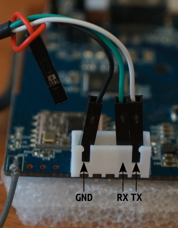 Serial console connection, shows GND, TX, RX positions